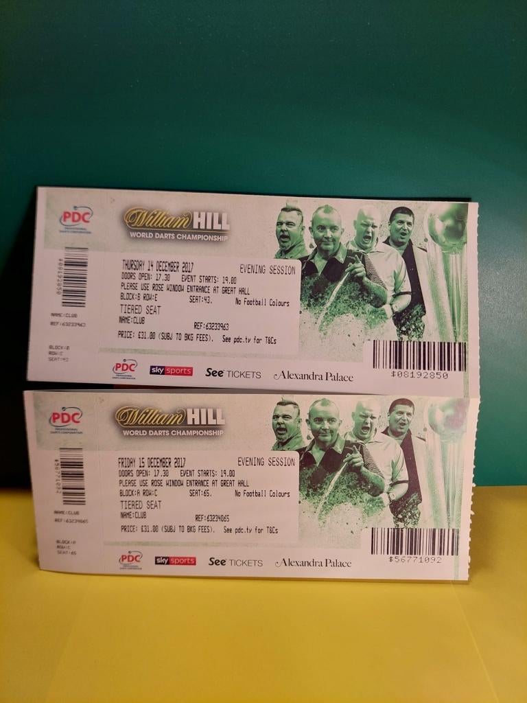 PDC World Darts Championship 2017 tickets Ally Pally 20euro, Tickets en Kaartjes, Drie personen of meer, Maart