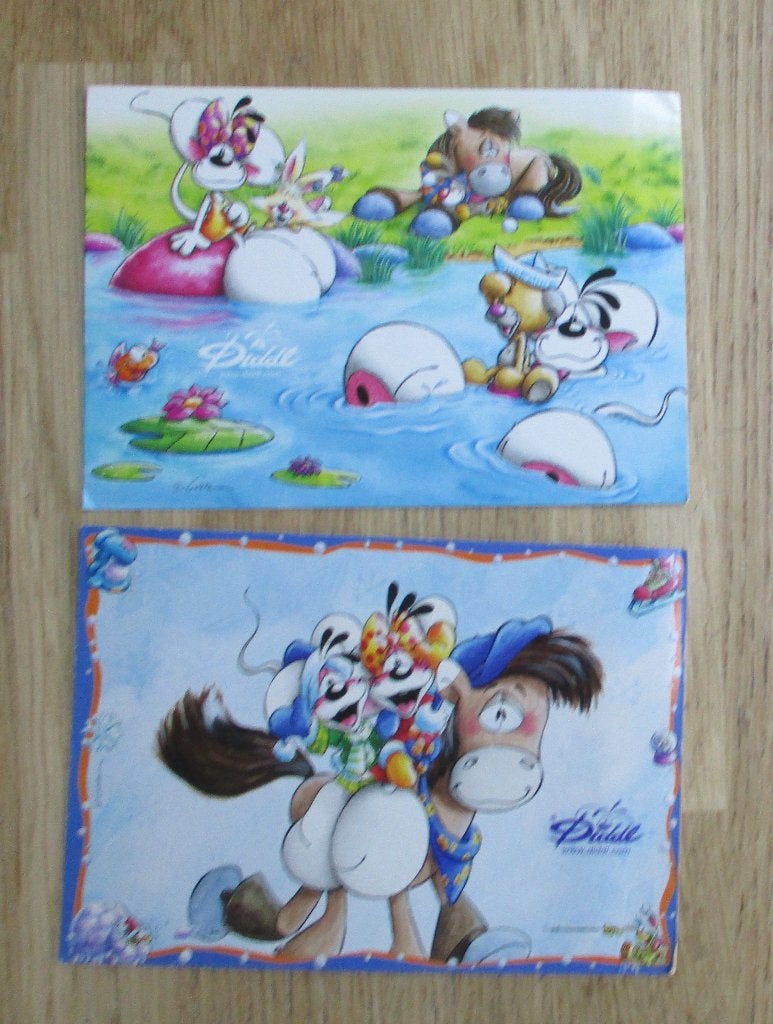 2 diddl ansichtkaarten kaarten paardrijden zwemmen, Verzamelen, Diddl, Ophalen of Verzenden, Diddl, Zo goed als nieuw, Overige typen