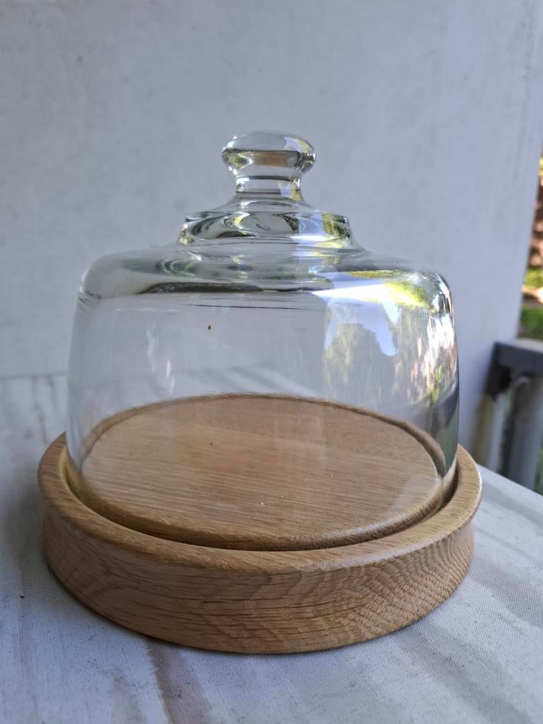 Glazen stolp met houten onderzetter, Schaal, Rond, Ophalen of Verzenden, Glas