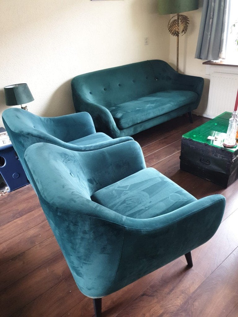 velours bank + twee feauteuils in groen retro stijl, Ophalen
