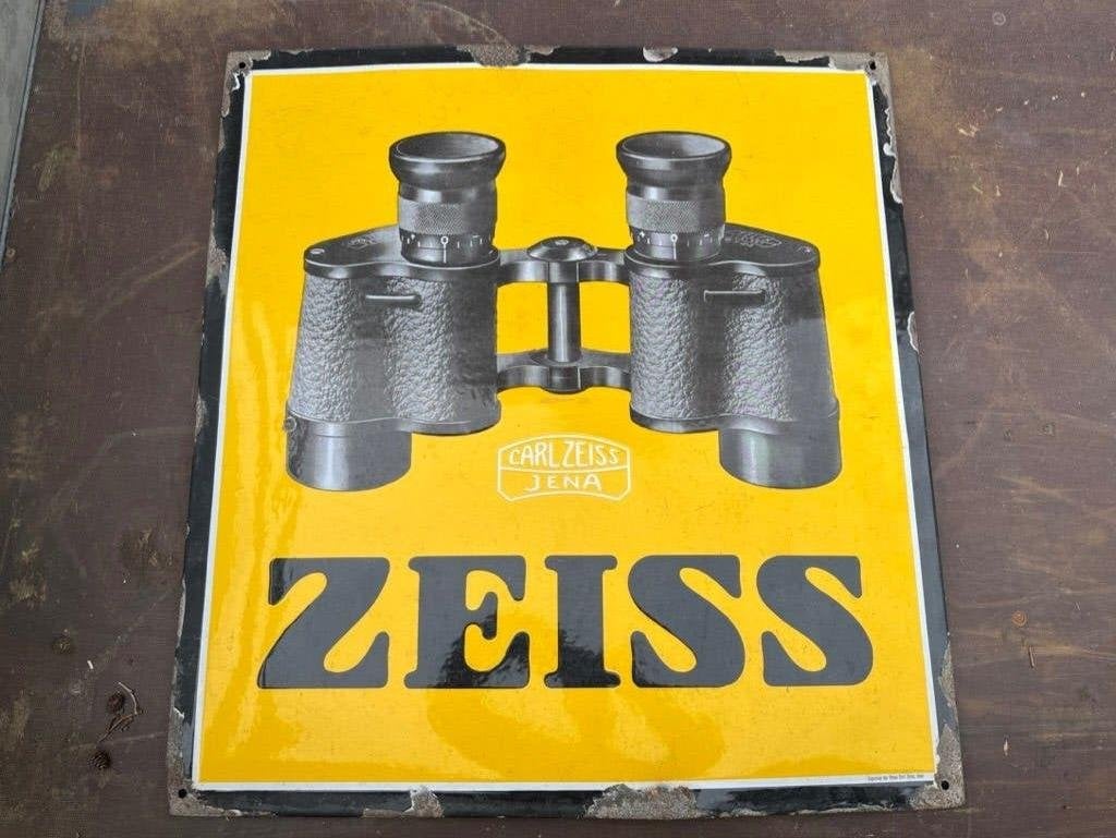 Origineel antiek emaille reclame bord - Carl Zeiss Jena, Ophalen of Verzenden, Gebruikt, Reclamebord