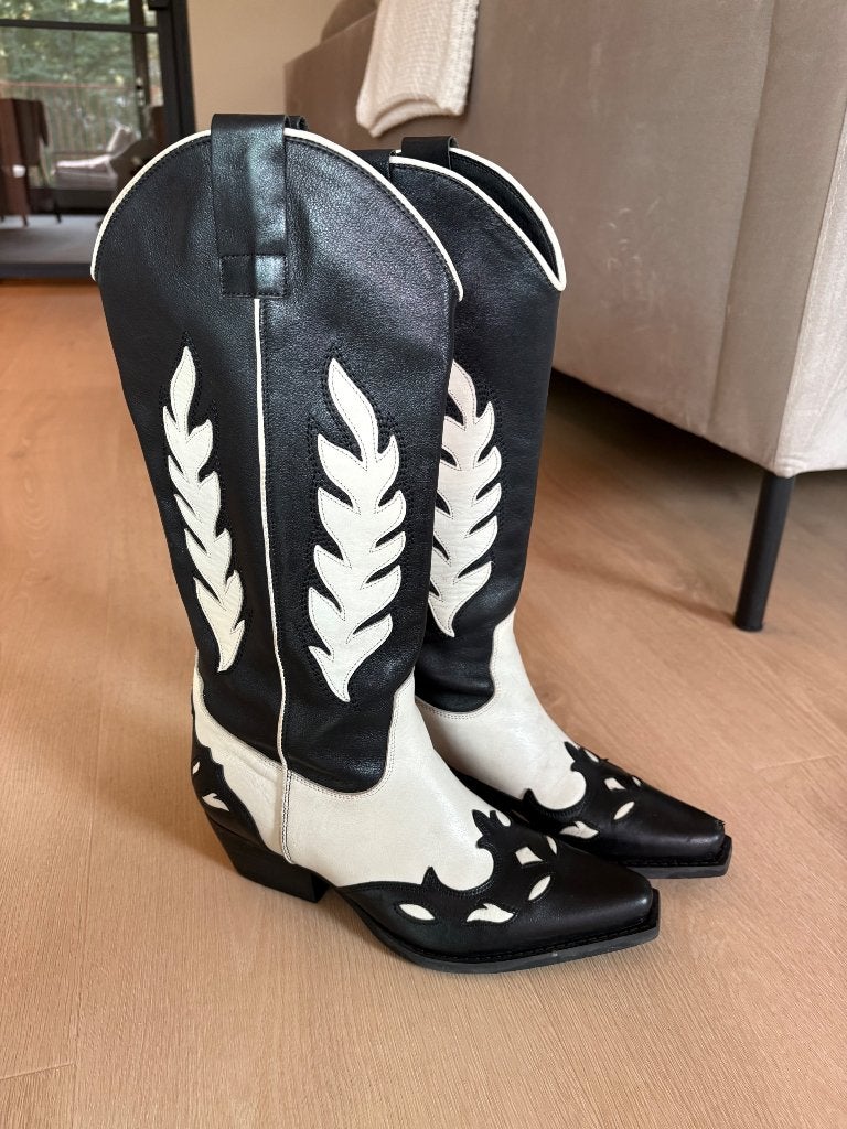 Zwarte leren cowboylaarzen met sierstiksels, Hoge laarzen, Zwart, Ophalen of Verzenden, Zo goed als nieuw