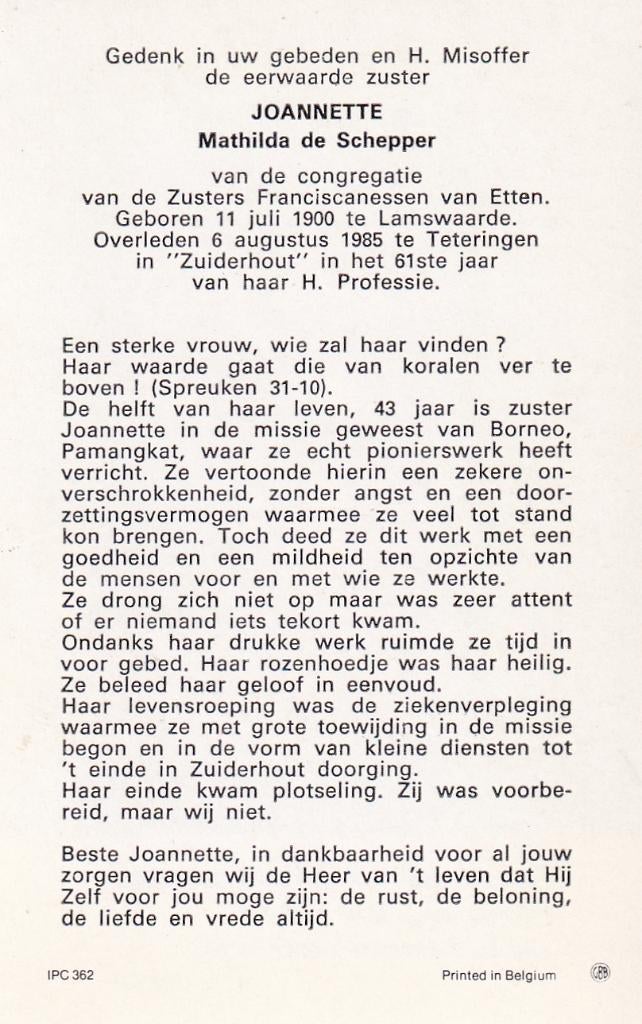 Schepper Mathilda 1900 Lamswaarde 1985 Teteringen  zuster, Ophalen of Verzenden, Bidprentje