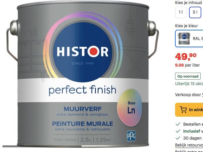 ONGEOPEND Histor Perfect Finish Muurverf 5 liter RAL 9002, 5 tot 10 liter, Wit, Nieuw, Ophalen of Verzenden