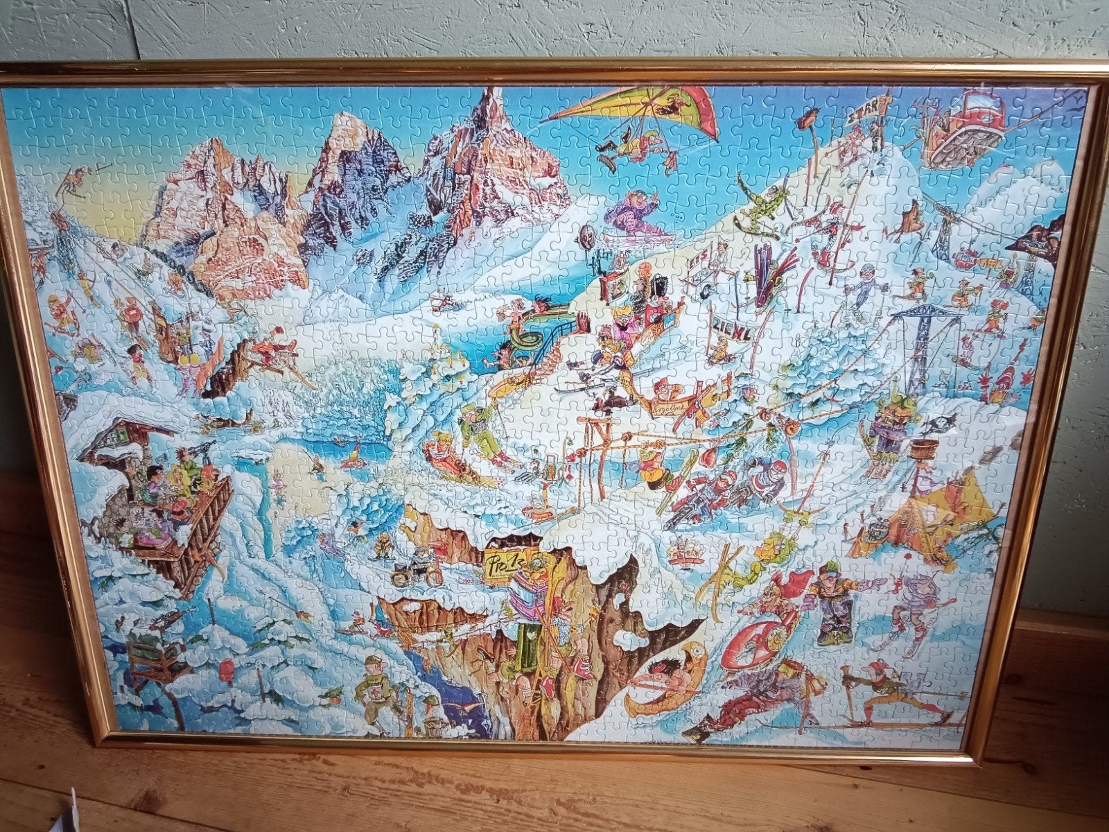 Grappige ski-puzzel in lijst - 1000 stukjes, Ophalen of Verzenden, 500 t/m 1500 stukjes, Gebruikt, Legpuzzel