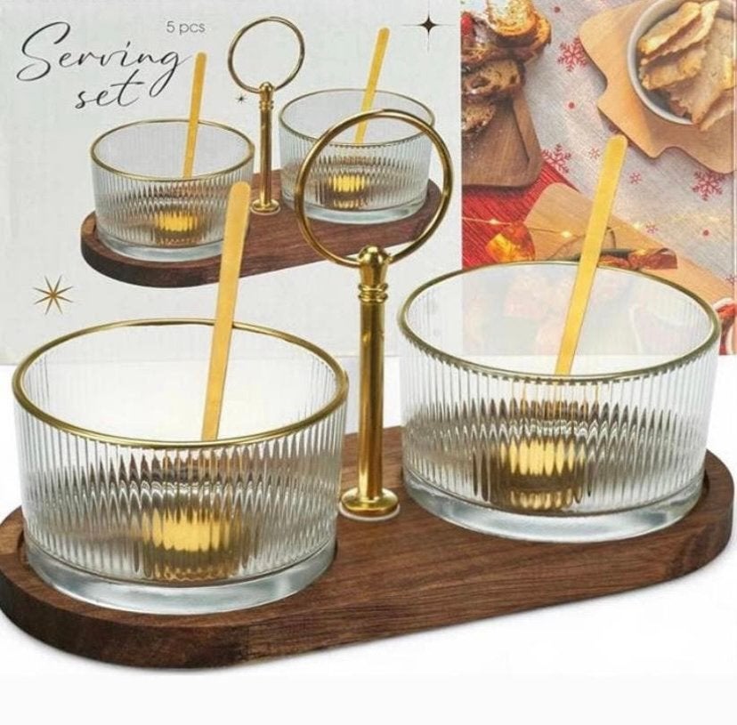 Design serveerset met 2 glazen schaaltjes op acaciahout, Nieuw, Ophalen of Verzenden, Overige typen, Met handvat