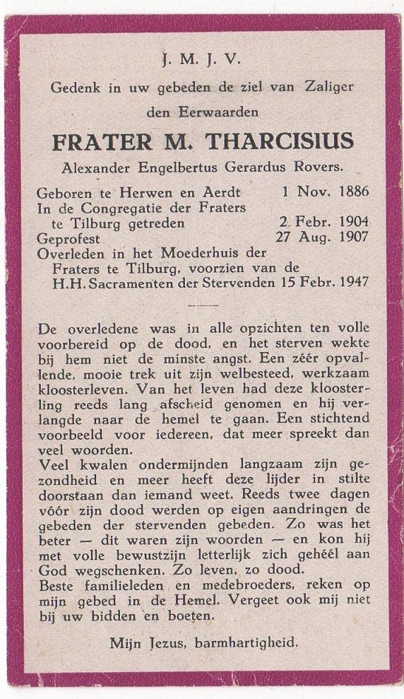 frater Alexander Rovers 1886 Herwen en Aerdt + 1947 Tilburg, Verzenden