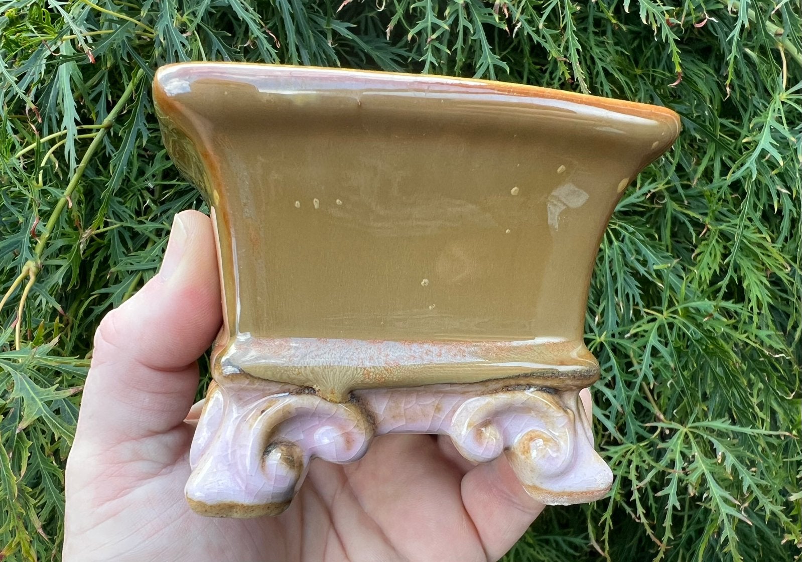 Bonsai pot bruin tinten geglazuurd aardewerk 10x9,8x7,7, Vierkant, Ophalen of Verzenden, Zo goed als nieuw, Aardewerk