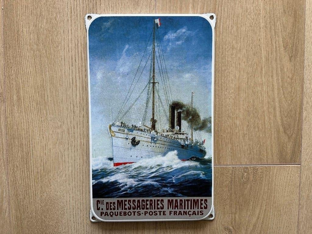 Emaille bord Messageries Maritimes Paquebots Poste Francais, Ophalen of Verzenden, Gebruikt, Reclamebord