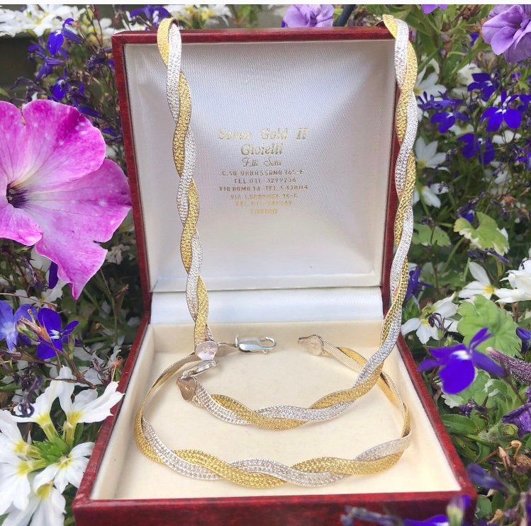 Ketting Armband Set Italiaanse Gehamerd Zilver Goud  Uniek, Ophalen of Verzenden, Gebruikt, Goud, Zilver