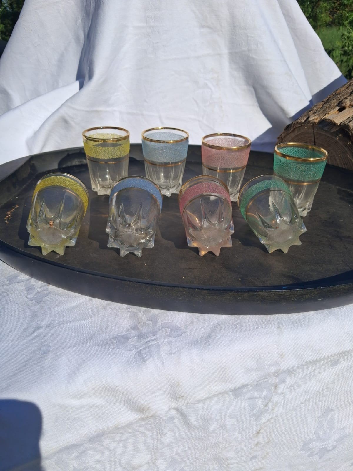 Set van 8 Vintage Borrelglaasjes met Gekleurde Rand, Antiek en Kunst, Antiek | Glas en Kristal, Ophalen of Verzenden