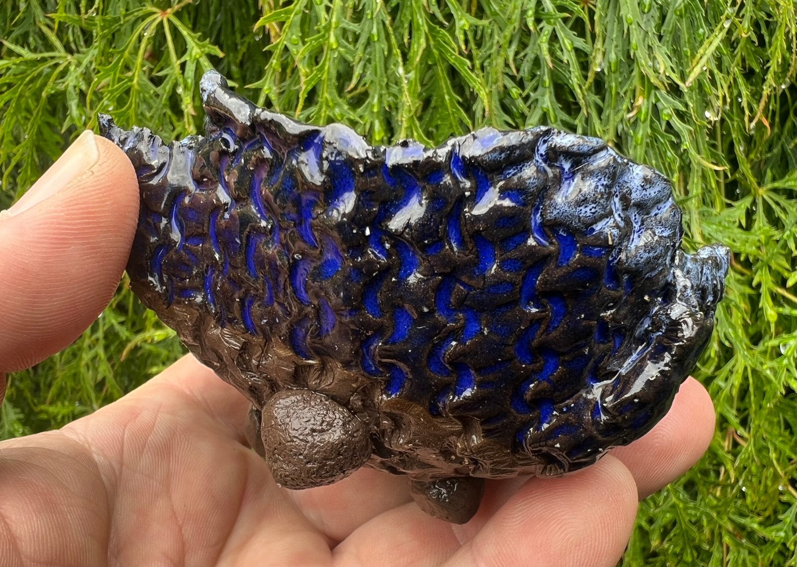 Bonsai schaal handgemaakt paars/blauw geglazuurd 11,3x9,1x6, Ophalen of Verzenden, Zo goed als nieuw, Overige vormen, Aardewerk
