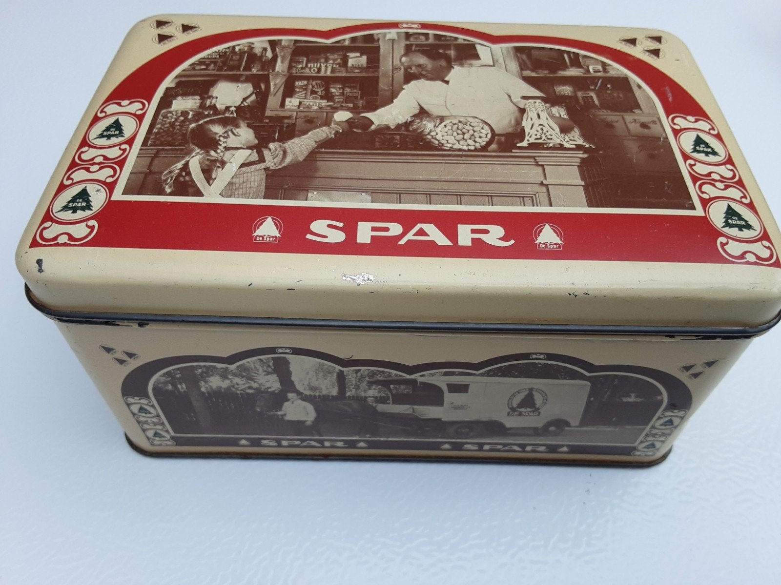 Spar koekjestrommel met historische afbeeldingen, Verzamelen, Blikken, Ophalen of Verzenden, Gebruikt, Overige, Overige merken