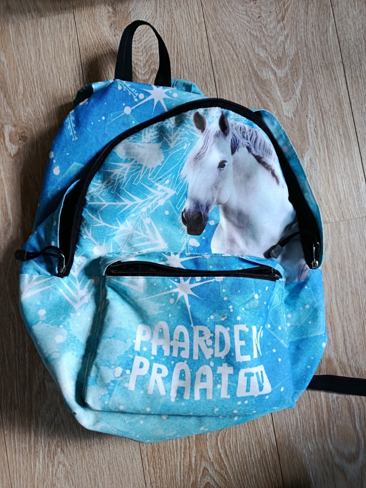 Rugzak Paardenpraat TV - Blauw met paardenprint, Overige merken, Gebruikt, 25 tot 40 cm, Ophalen of Verzenden