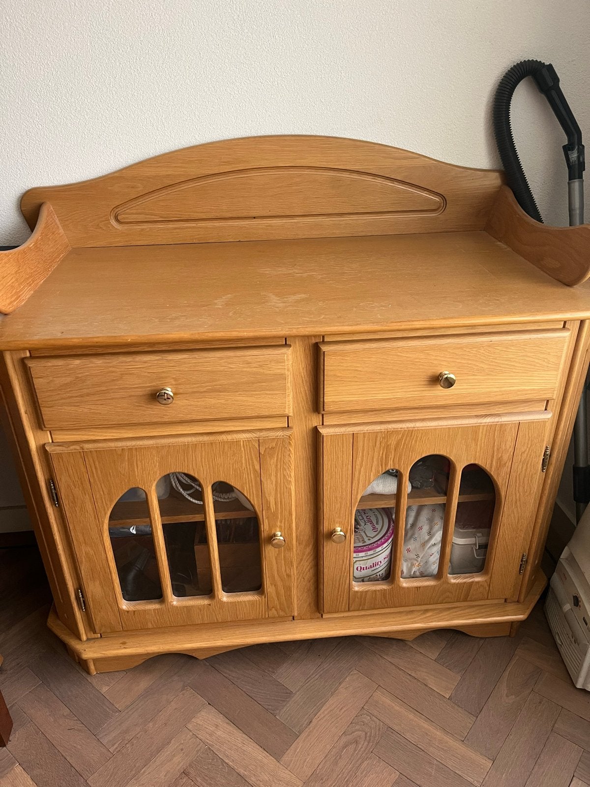 Massieve eiken commode met deurtjes en lades, Ophalen, Gebruikt, 50 tot 70 cm, 100 cm of meer