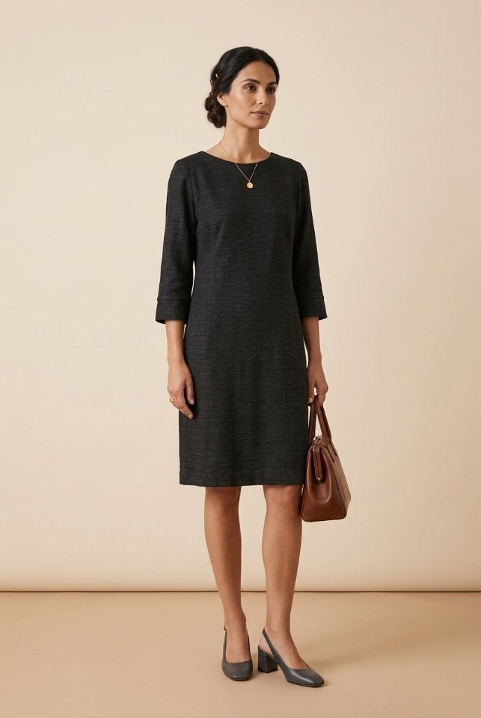 Natan antraciet gemêleerde wollen jurk tailored dress 42, Maat 38/40 (M), Verzenden, Zo goed als nieuw, Knielengte