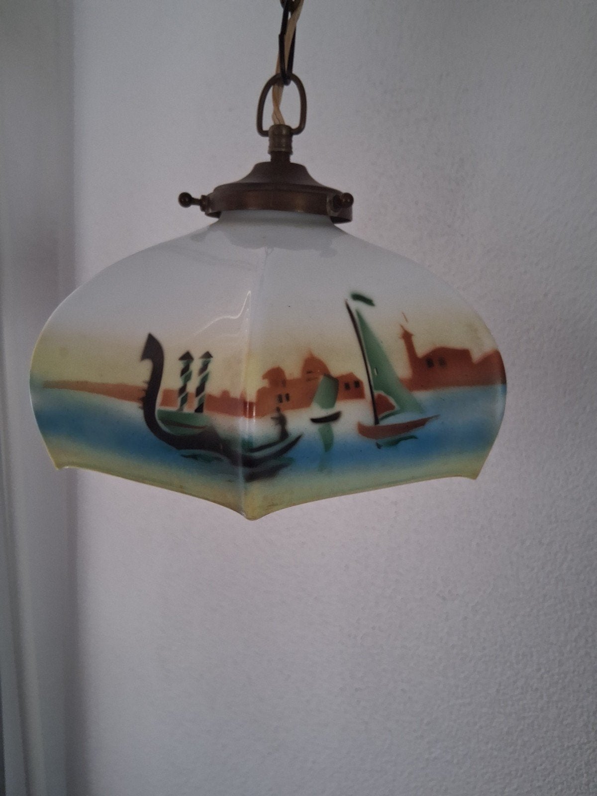 Vintage opaline hanglamp met Venetiaans tafereel, Ophalen of Verzenden