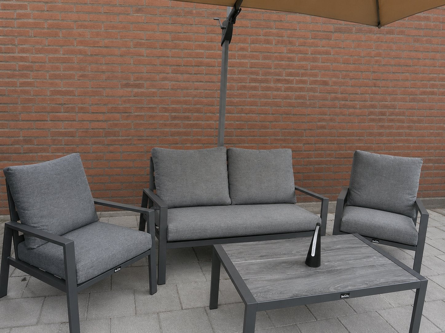 Moderne loungeset met 5 zitplaatsen en salontafel, Tuin en Terras, 5 zitplaatsen, Gebruikt, Aluminium, Ophalen of Verzenden