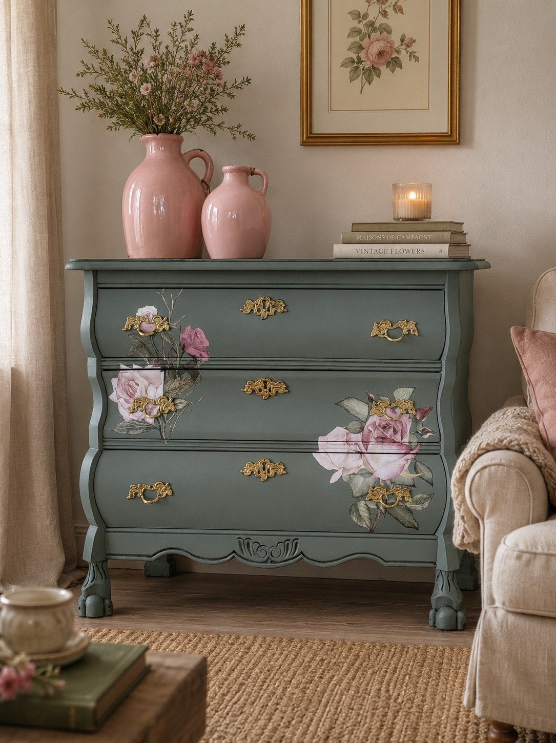 Prachtig Groen Antiek Eiken Buikkastje met Romantische Rozen, Ophalen, Brocante, vintage, antiek, kastje, landelijk, dressior, kast