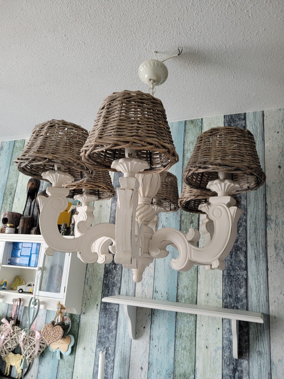 Landelijke houten kroonluchter met Rieten kapjes, Ophalen, Gebruikt, E14 (klein), Landelijk