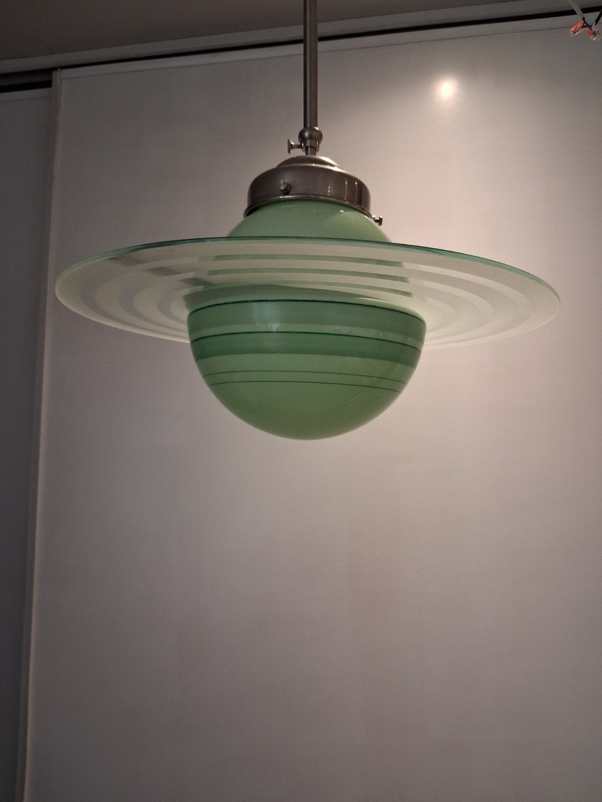 Art Deco jaren 30 Jupiter uranium glazen pendel hanglamp, Huis en Inrichting, Lampen | Hanglampen, Ophalen of Verzenden, Glas