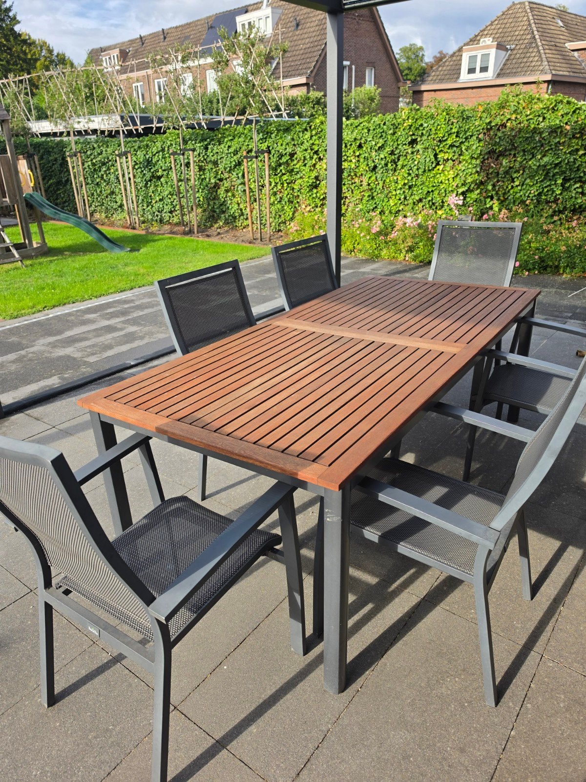 Tuinset met 6 tuinstoelen en uitschuifbare houten tuintafel, Ophalen, Gebruikt, 6 zitplaatsen, Aluminium