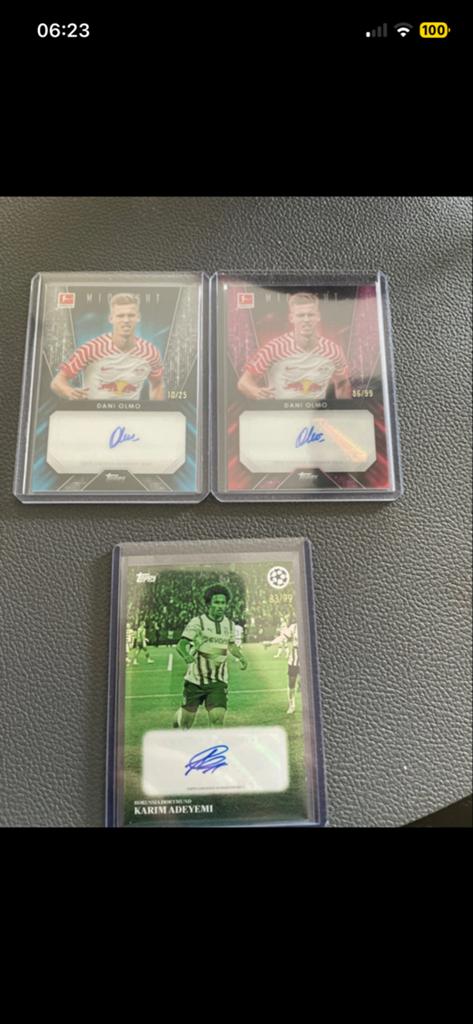 Gesigneerde voetbal kaarten Dani Olmo & Karim Adeyemi, Ophalen of Verzenden, Zo goed als nieuw, Buitenlandse clubs, Spelerskaart
