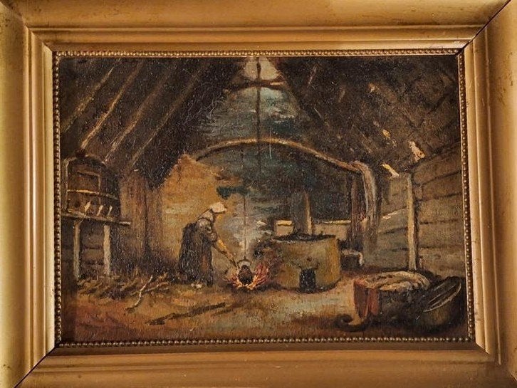 Schilderij Larens Interieur - Olieverf op karton, Ophalen of Verzenden