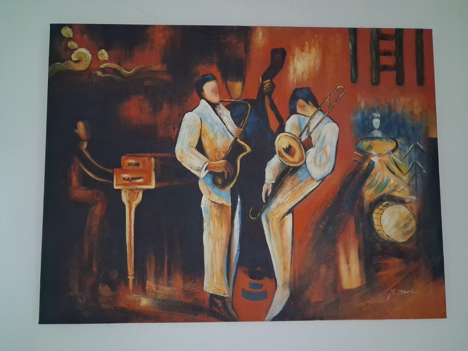 Jazzmuzikanten Schilderij - Levendige Muziekscène, Antiek en Kunst, Ophalen, Acrylverf, Gesigneerd, Muziek