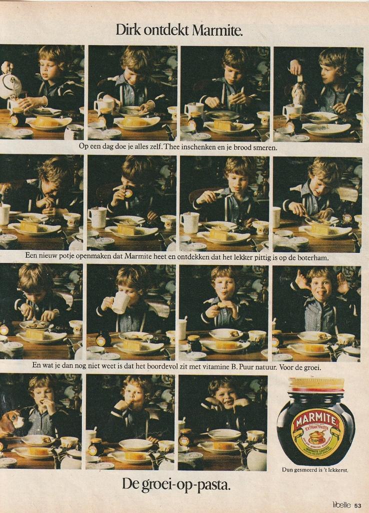 retro reclame 1979 Marmite jongetje Dirk eet z'n boterham, Verzenden, Overige typen