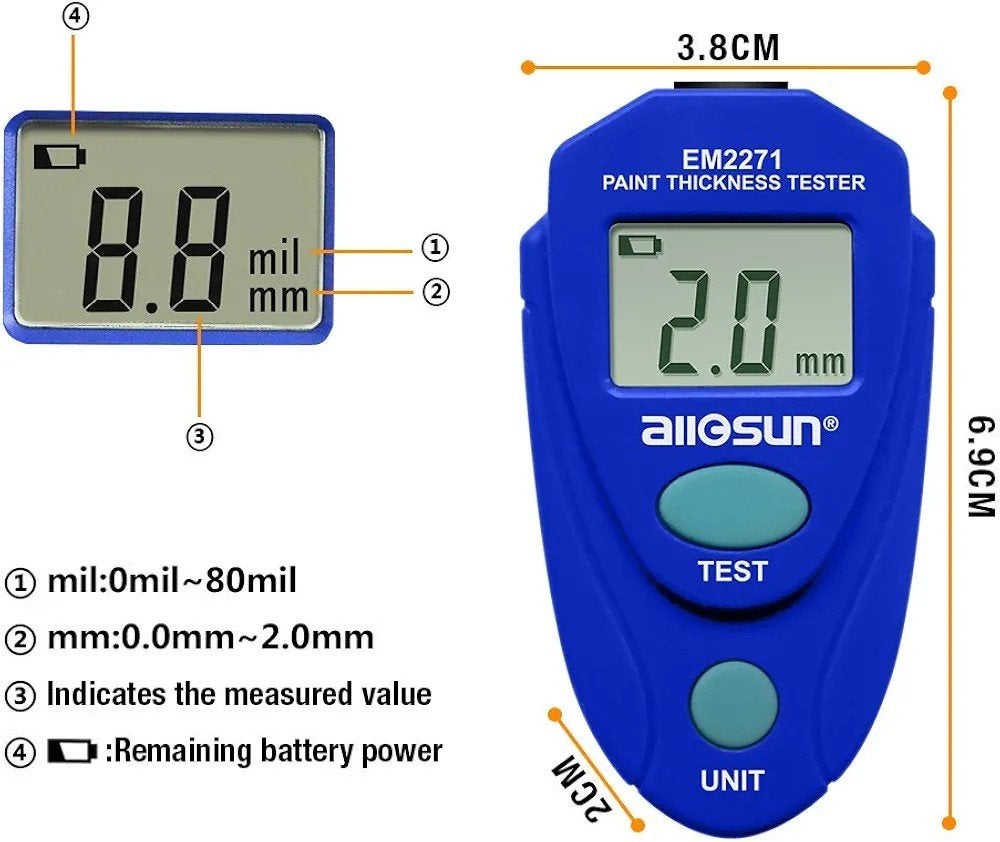 Allsun EM2271 Digitale Lakdiktemeter Auto 0-2mm/80mil, Auto diversen, Autogereedschap, Ophalen of Verzenden