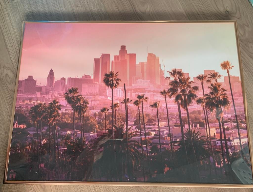 Rose gouden lijst met poster LA sunset Palmtrees, Huis en Inrichting, Ophalen, Foto of Poster, 50 tot 75 cm
