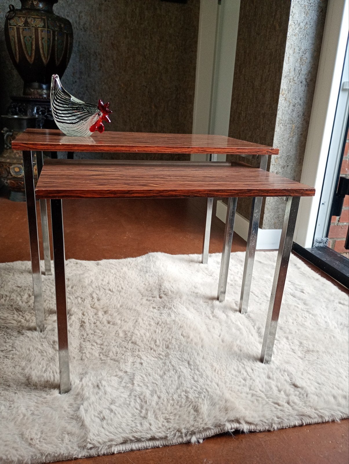 Vintage bijzettafels set van 2 - chroom en hout, Huis en Inrichting, Tafels | Salontafels, Overige houtsoorten, 50 – 75, Minder dan 50 cm