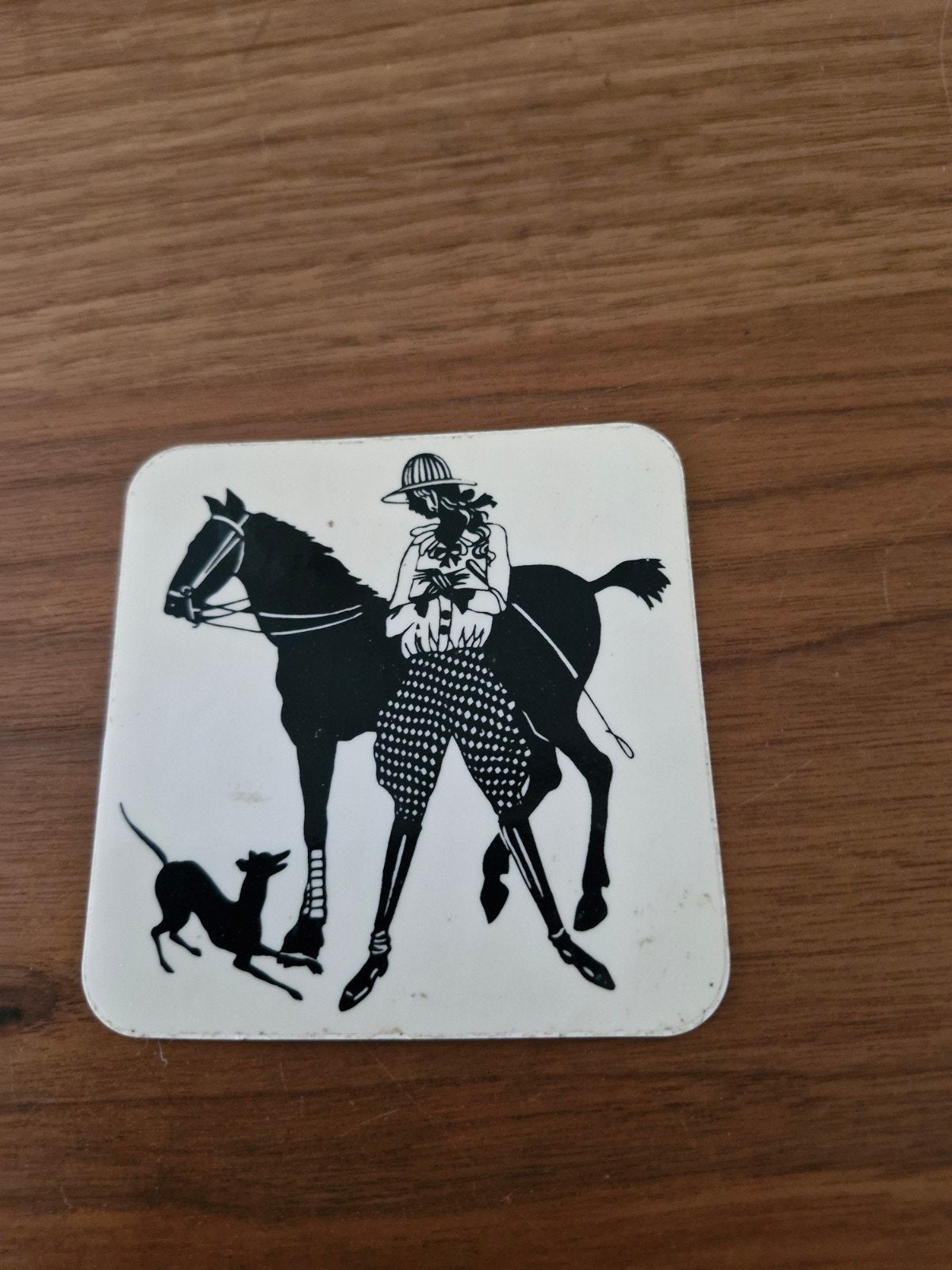 10835 Vintage sticker ruiter te paard met hond, Ophalen of Verzenden, Gebruikt, Overige typen