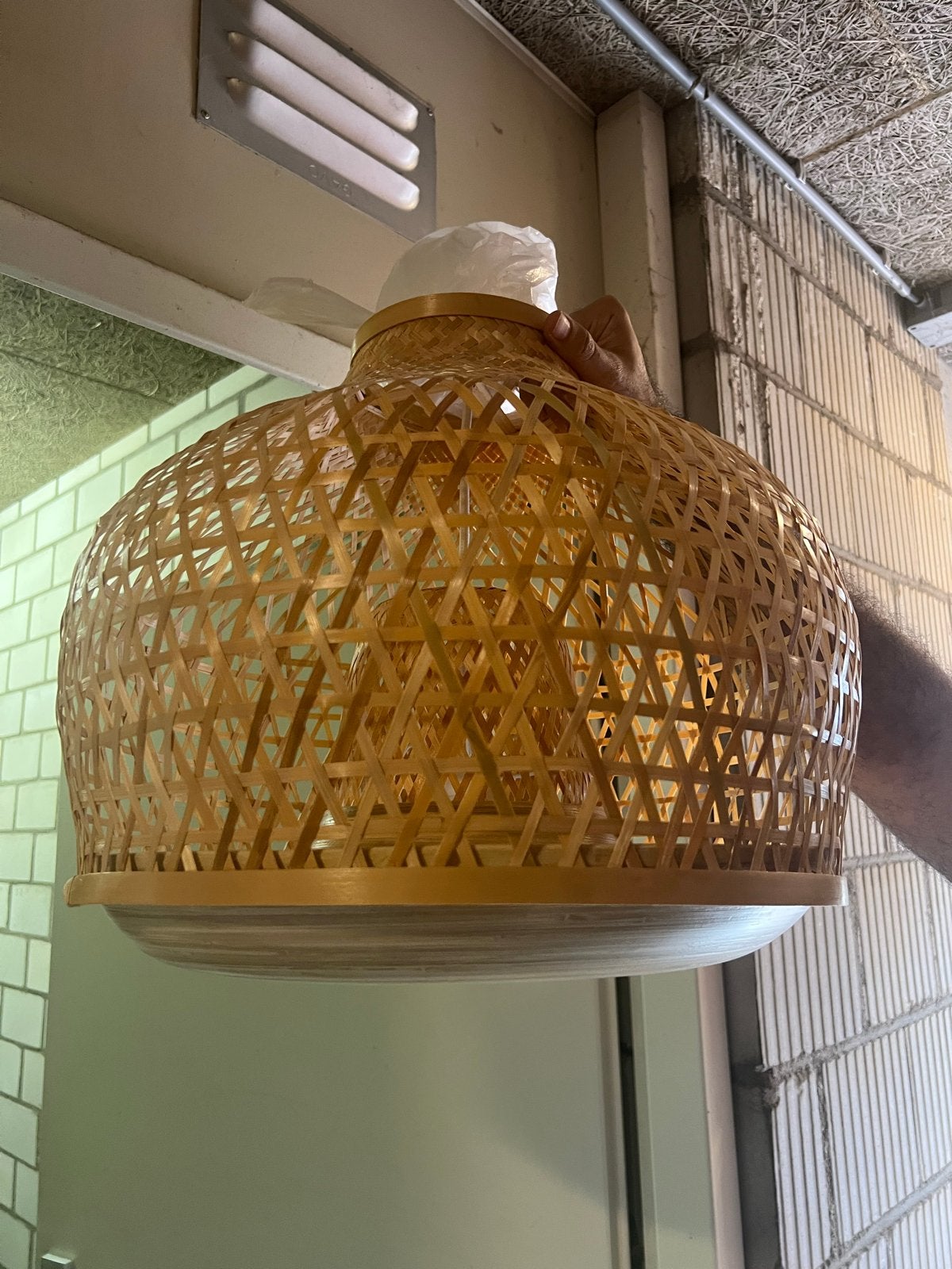 IKEA MISTERHULT hanglamp bamboe, 45 cm, Ophalen, Zo goed als nieuw, Hout, E27 (groot)