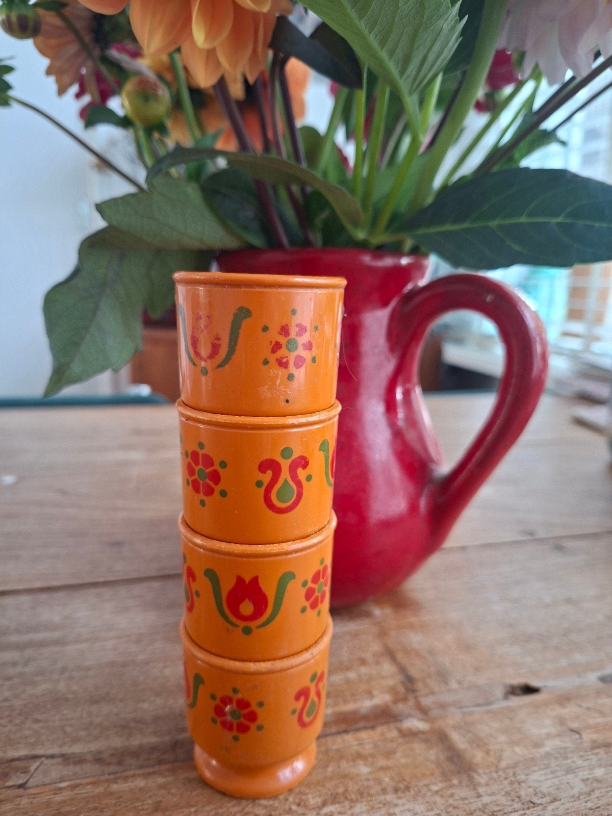 Set van 4 Retro Vintage Houten Eierdopjes Oranje Bloemen, Ophalen of Verzenden
