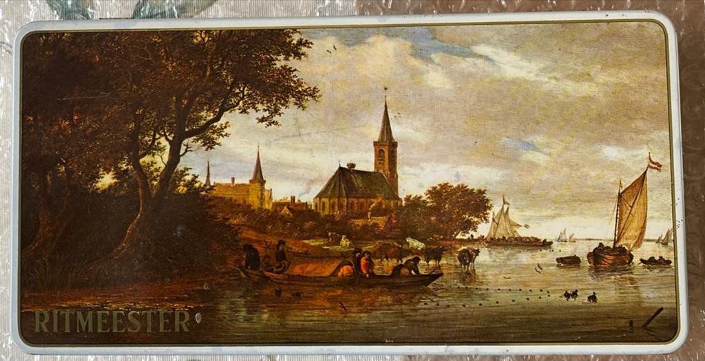 Ritmeester sigarenblik met 'Riviergezicht met veerpont', Ophalen of Verzenden, Gebruikt, Overige, Overige merken