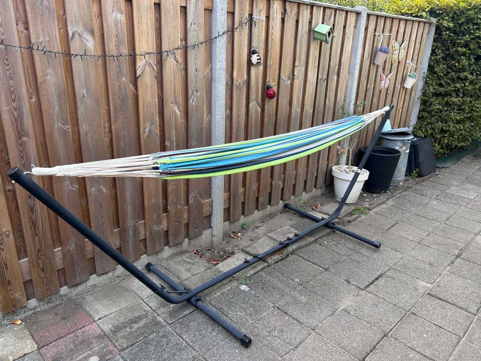 Vita5 Hangmat met Standaard 2 Persoons - Blauw/Groen, Tuin en Terras, Ophalen, Gebruikt, Meerpersoons, Met standaard
