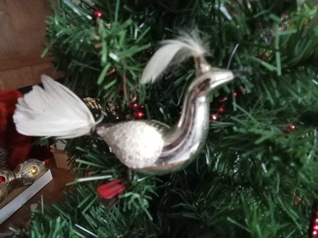 mooie oudere zilveren vogel met veren staart en hoofdpluim, Diversen, Kerst, Ophalen of Verzenden, Gebruikt