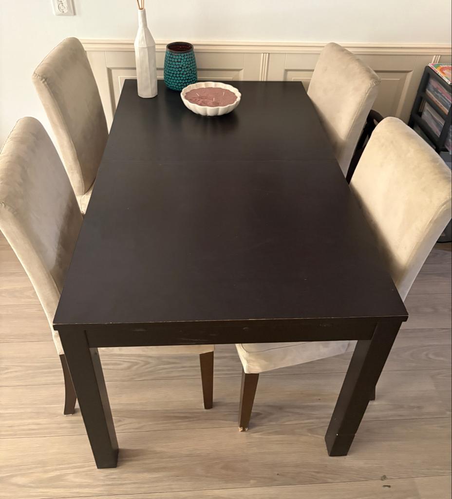 Uitschuifbare eettafel met 4 stoelen, Ophalen, Gebruikt, 200 cm of meer, 50 tot 100 cm
