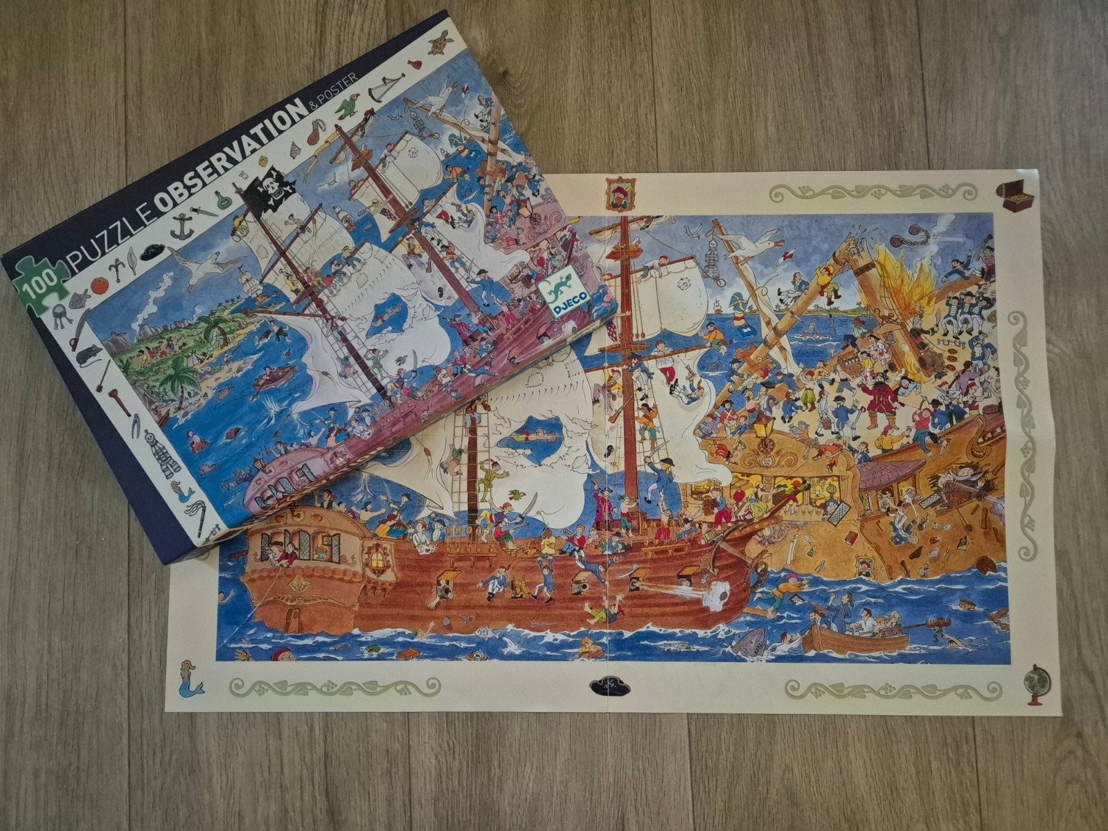 Djeco Observatie Puzzel Piraten 100 stukjes + Poster, Ophalen, Meer dan 50 stukjes, Zo goed als nieuw, 6 jaar of ouder