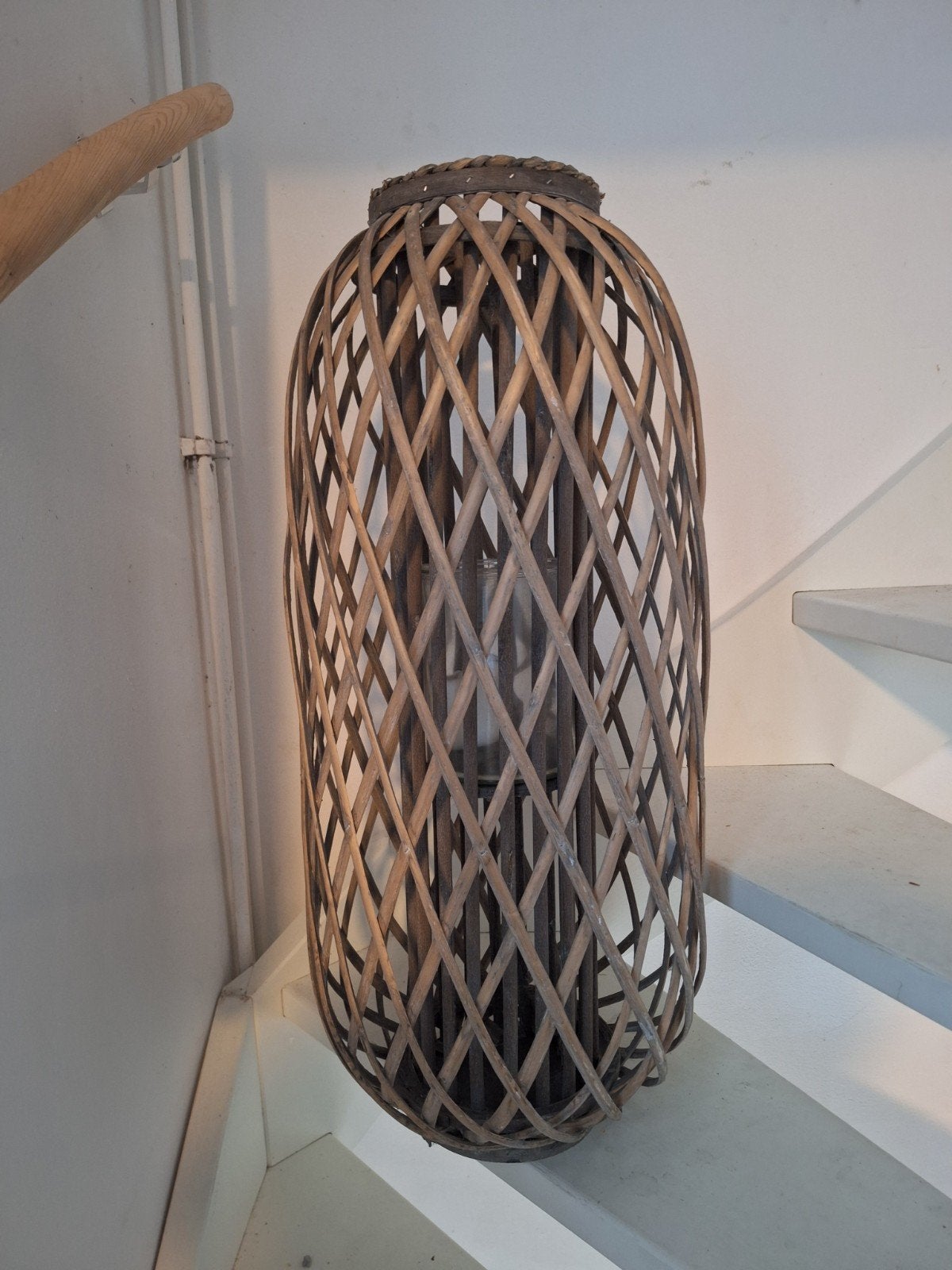 Groot rond houten windlicht / rattan stijl, Ophalen, Windlicht, Gebruikt, Bruin