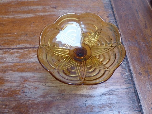 art deco persglazen schaal op voet in amber, Belge, Antiek en Kunst, Ophalen of Verzenden
