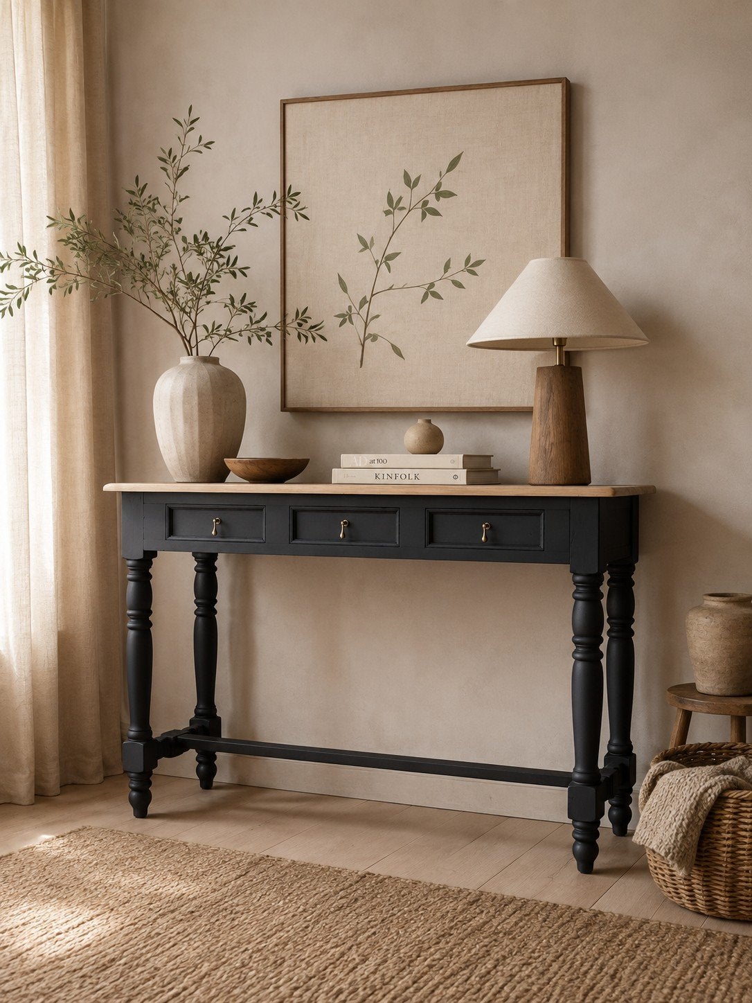 Sidetable massief hout matzwart Boho Japandi stijl, Ophalen, 100 tot 150 cm, Landelijk Boho, Teakhout