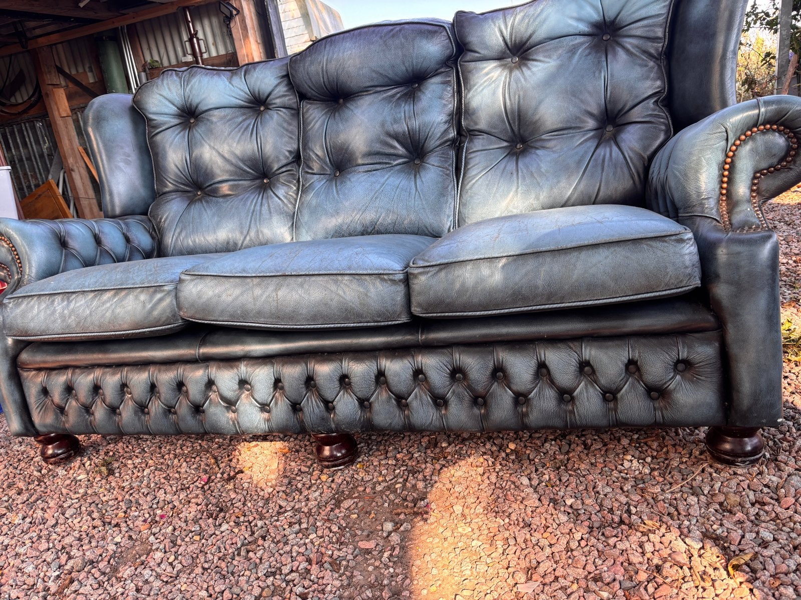 Echte Chesterfield bank en fauteuil set, Ophalen, Gebruikt, Driepersoons, Rechte bank