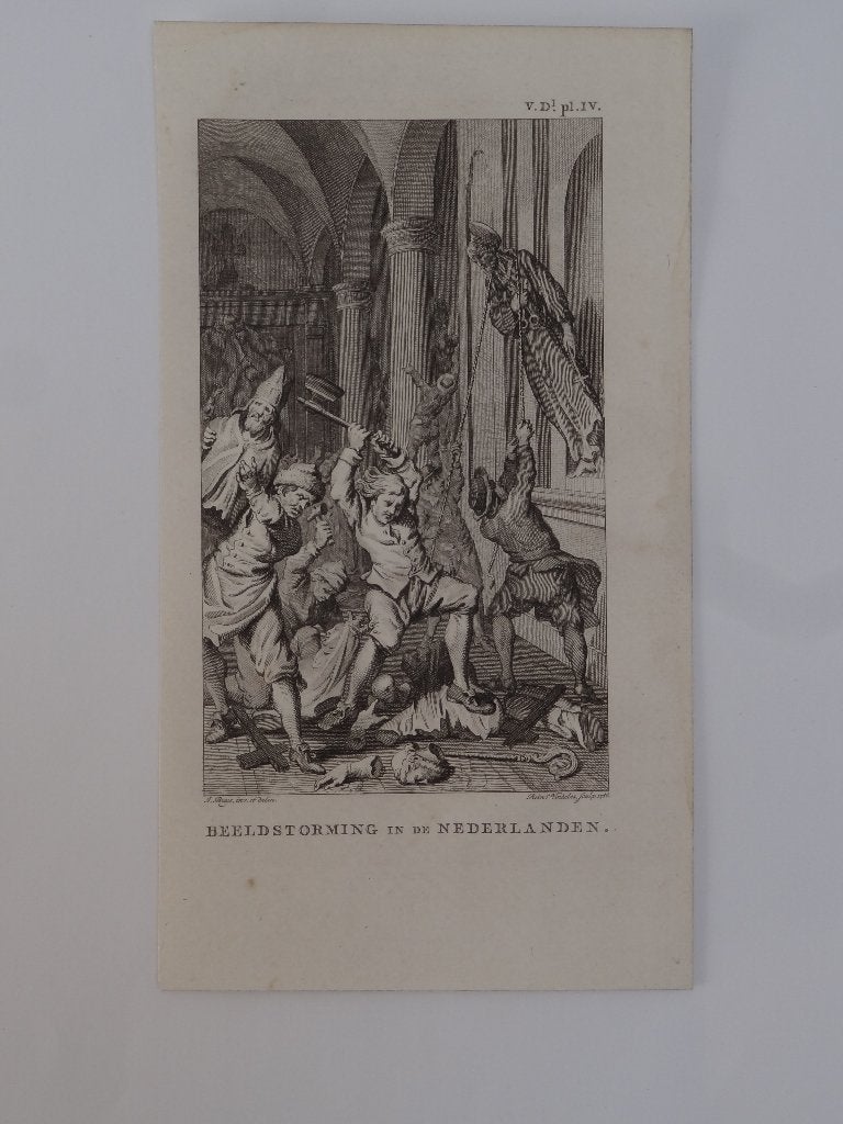 gravure beeldenstorm in Nederlanden Vinkeles historie 1750, Cartografie, Ophalen of Verzenden, Gravure, Origineel