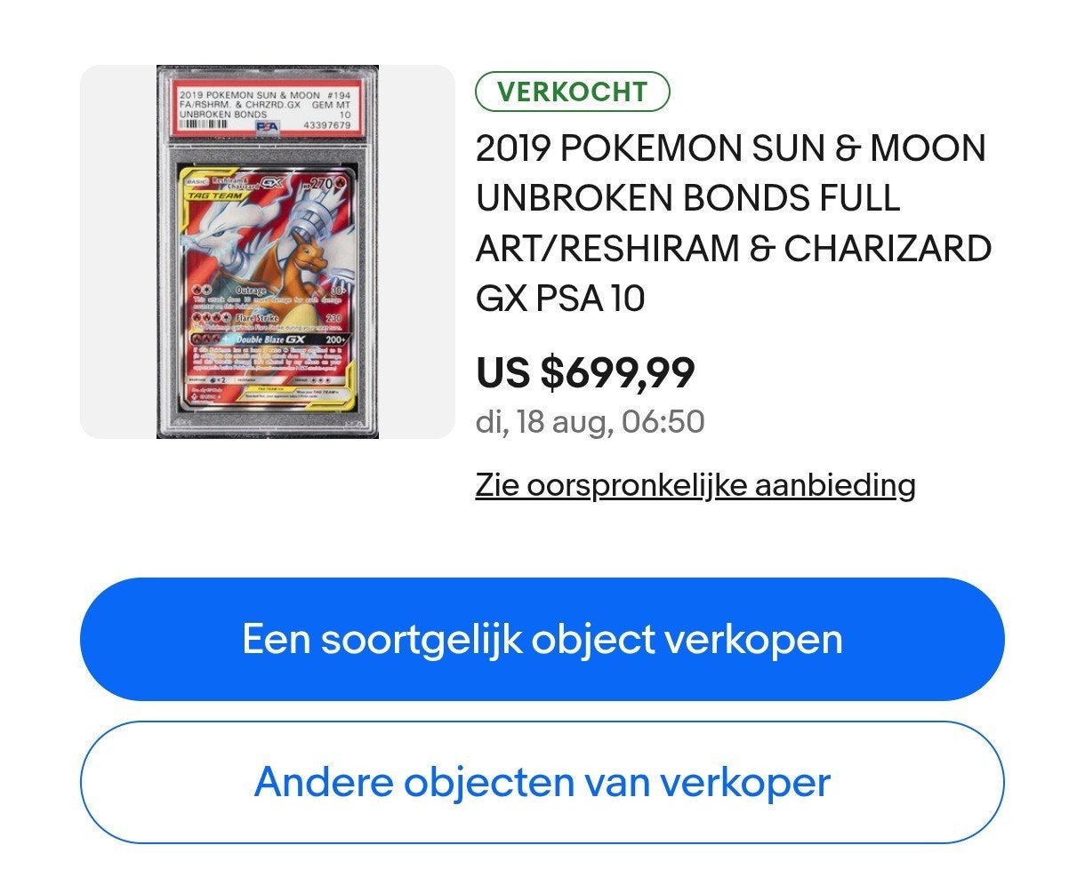 Psa 10 Reshiram & Charizard 🔥 Gx unbroken bonds vaste prijs, Hobby en Vrije tijd, Verzamelkaartspellen | Pokémon, Ophalen, Nieuw