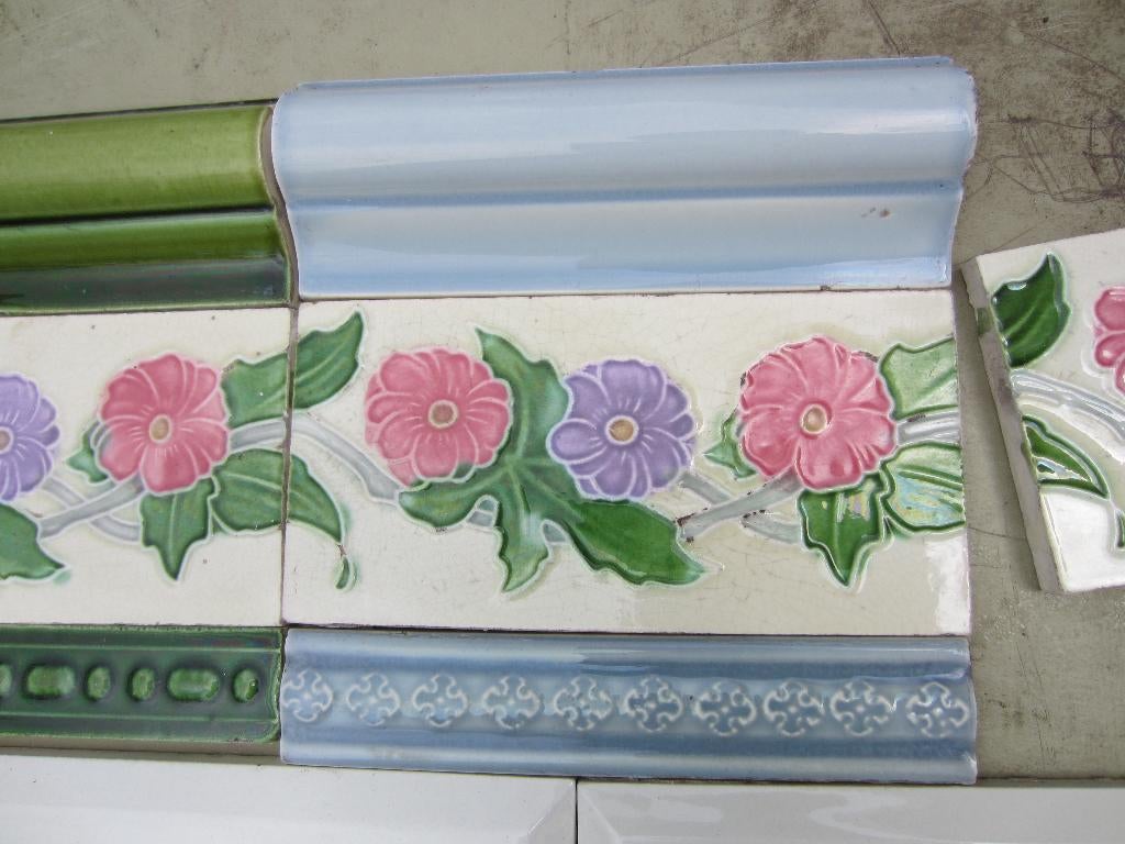 65 art nouveau wandtegels 7,5x15cm, paars en roze bloem, Ophalen