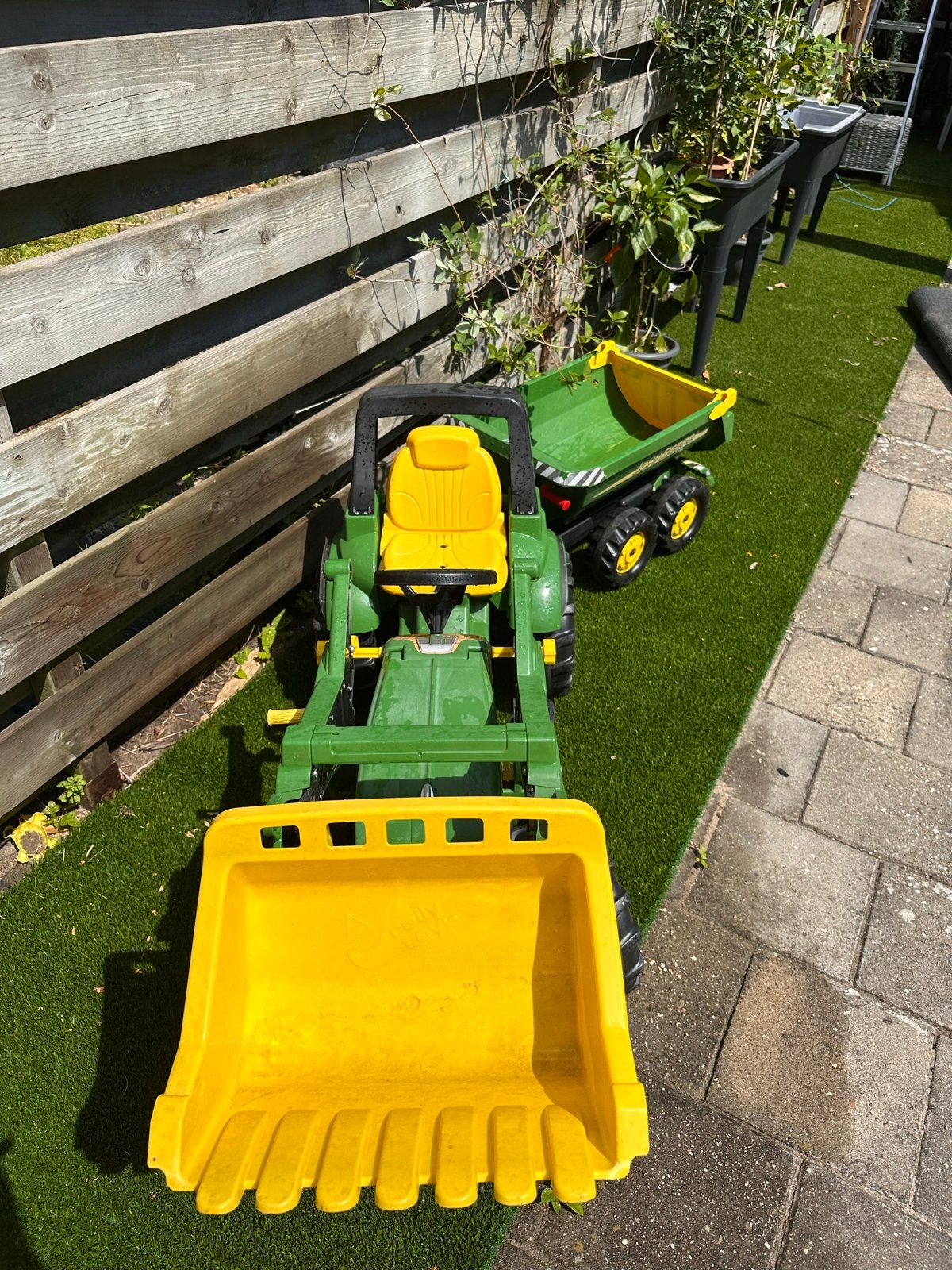 John Deere traptractor met voorlader en aanhanger, Ophalen, Gebruikt