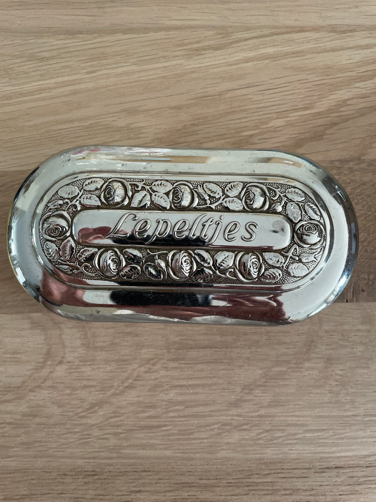 Vintage verzilverd lepeldoosje met blauw fluweel, Ophalen of Verzenden